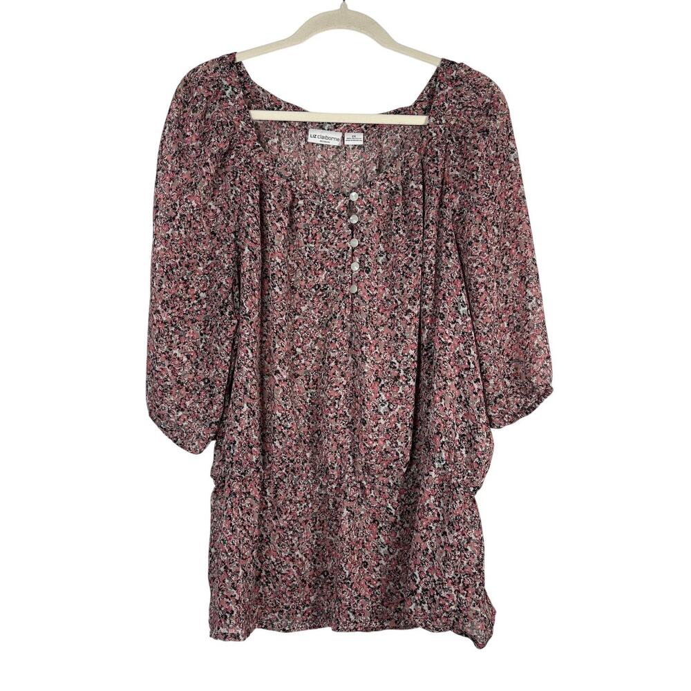 Liz Claiborne Floral Blouse Pink Front Square Neck Peasant Cottagecore 2X - Picture 1 of 3
